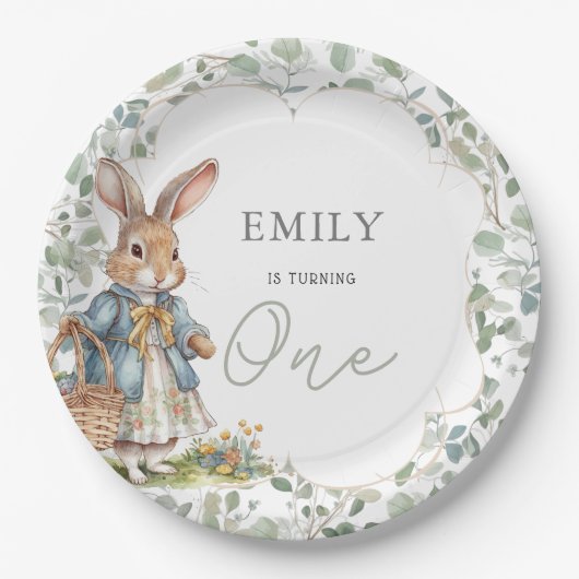 小さな女の子うさぎグリーンリー1st誕生日 ペーパープレート (正面)