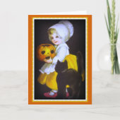 小さな女の子および黒猫のヴィンテージのハロウィンカード カード (正面)