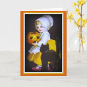 小さな女の子および黒猫のヴィンテージのハロウィンカード カード (黄色い花)