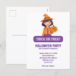 小さな女の子かぼちゃのトリックまたはトリート シーズンポストカード