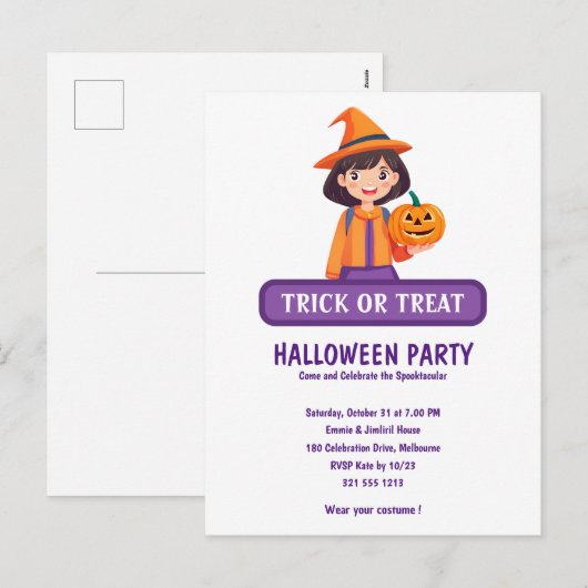 小さな女の子かぼちゃのトリックまたはトリート シーズンポストカード (正面/裏面)