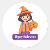 小さな女の子かぼちゃのトリックまたはトリート ラウンドシール (正面)