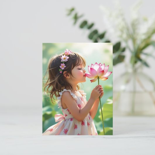 小さな女の子かわいらしがピンクのバラの香りを嗅ぐ ポストカード (スタンド正面)