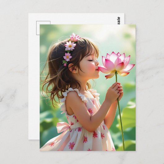 小さな女の子かわいらしがピンクのバラの香りを嗅ぐ ポストカード (正面/裏面)