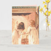 小さな女の子かわいらしはサンタヴィンテージクリスマスを待つ カード (黄色い花)