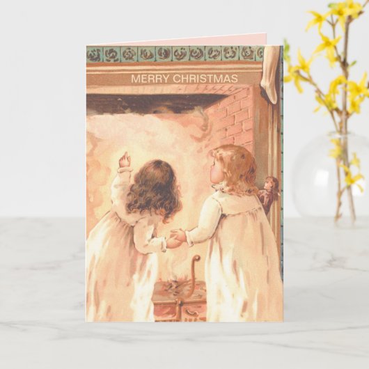 小さな女の子かわいらしはサンタヴィンテージクリスマスを待つ カード (黄色い花)