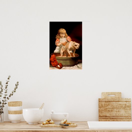 小さな女の子が彼女の犬を入浴 ポスター (キッチン)