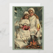 小さな女の子が火災で暖まる、ヴィンテージ シーズンカード (正面/裏面)