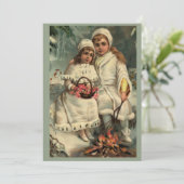 小さな女の子が火災で暖まる、ヴィンテージ シーズンカード (スタンド正面)