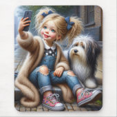 小さな女の子が犬と自撮り マウスパッド (正面)
