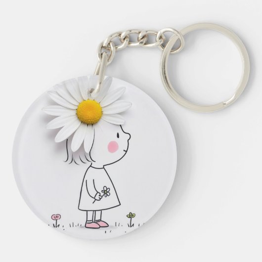 小さな女の子が白いデイジーを頭に被る キーホルダー (裏面)