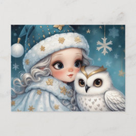 小さな女の子が白フクロウを抱きしめている シーズンポストカード