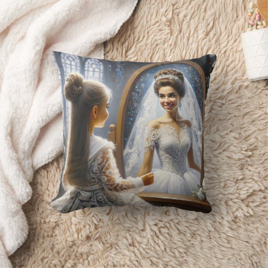 小さな女の子が花嫁を鏡で見ている クッション (ブランケット)