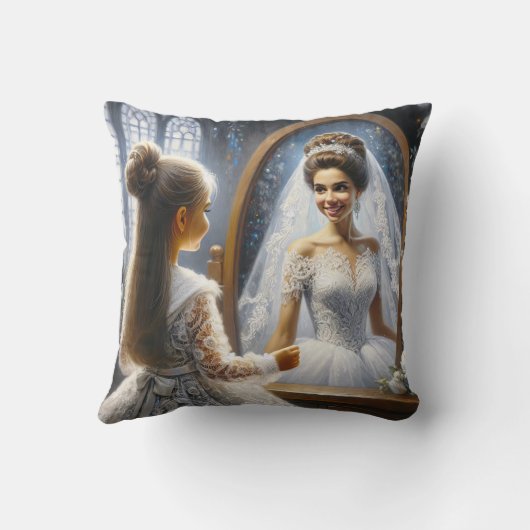 小さな女の子が花嫁を鏡で見ている クッション (裏面)
