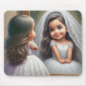 小さな女の子が花嫁を鏡で見ている マウスパッド (正面)