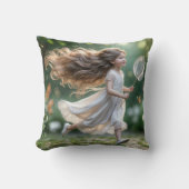 小さな女の子が蝶をネットで追いかける クッション (正面)