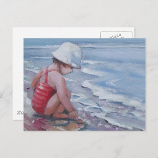 小さな女の子で白い帽子とビーチ ポストカード (正面/裏面)