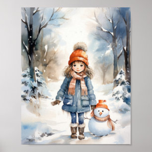 小さな女の子とその雪だるま ポスター