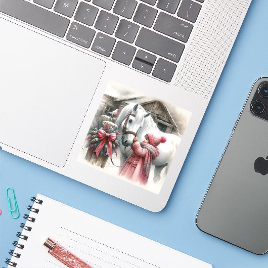 小さな女の子とその馬のクリスマス シール (ノートパソコンとiPhone)