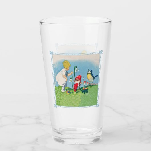 小さな女の子とイースター小妖精や小人ユリ花の鳥 タンブラーグラス (裏面)