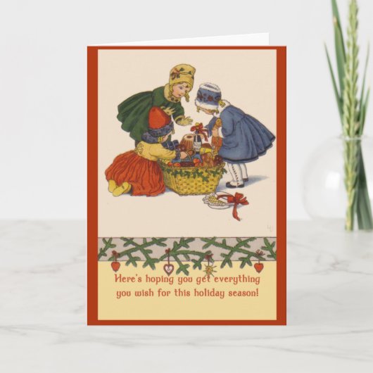 小さな女の子とギフトの箱ヴィンテージホリデーアート シーズンカード (正面)