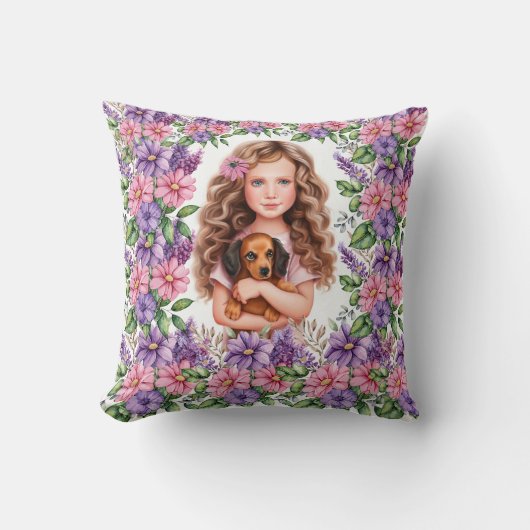 小さな女の子とダックシュント子犬の枕 クッション (正面)