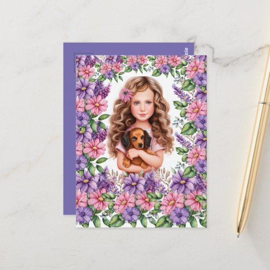 小さな女の子とダックシュント子犬 ポストカード (正面/裏面インサイチュ)