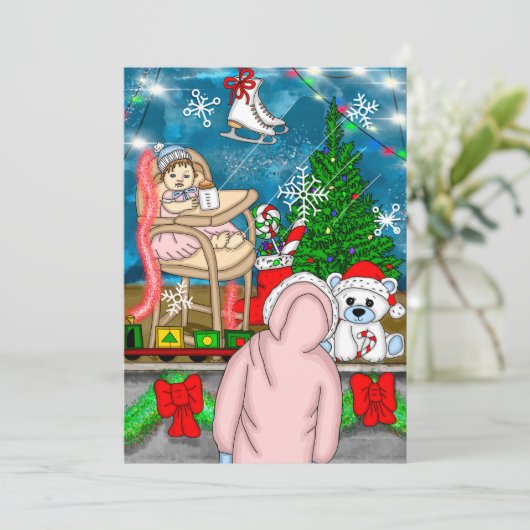 小さな女の子とテディベアとクリスマスウィンドウ (スタンド正面)