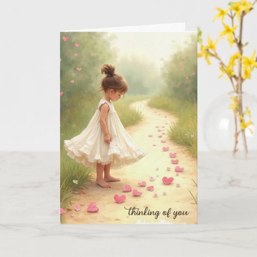 小さな女の子とピンクのハート考えズオブユー カード (黄色い花)