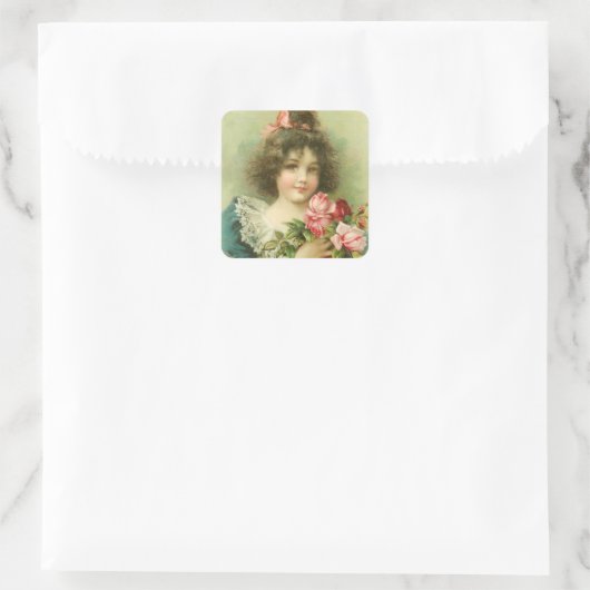 小さな女の子とピンクローズバレンタインデー スクエアシール (バッグ)