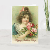 小さな女の子とピンクローズファーザーズデイ カード (正面)