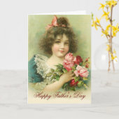 小さな女の子とピンクローズファーザーズデイ カード (黄色い花)