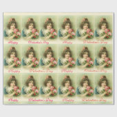 小さな女の子とピンクローズ，バレンタインデー ラッピングペーパー (フラット)