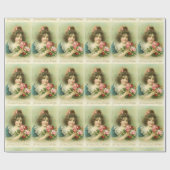 小さな女の子とピンクローズ，誕生日 ラッピングペーパー (フラット)