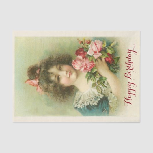 小さな女の子とピンクローズ，誕生日 薄葉紙 (正面)