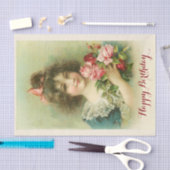 小さな女の子とピンクローズ，誕生日 薄葉紙 (クラフト)