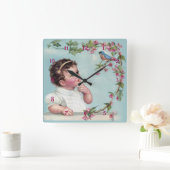 小さな女の子とブルーバード スクエア壁時計 (ホーム)