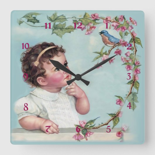 小さな女の子とブルーバード スクエア壁時計 (正面)