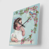 小さな女の子とブルーバード スクエア壁時計 (傾斜)