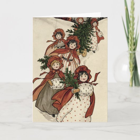 小さな女の子とホリーとクリスマスツリー シーズンカード (正面)