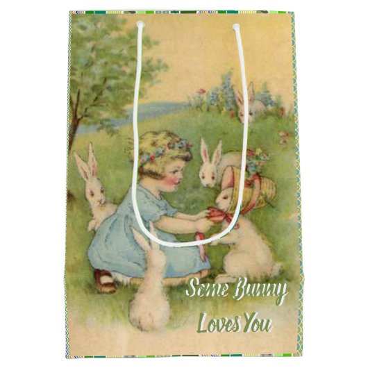 小さな女の子とホワイトバンニー、イースターホリデー ミディアムペーパーバッグ (裏面)