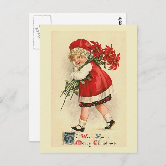 「小さな女の子とポインセチア」ヴィンテージはがき ポストカード (正面/裏面)
