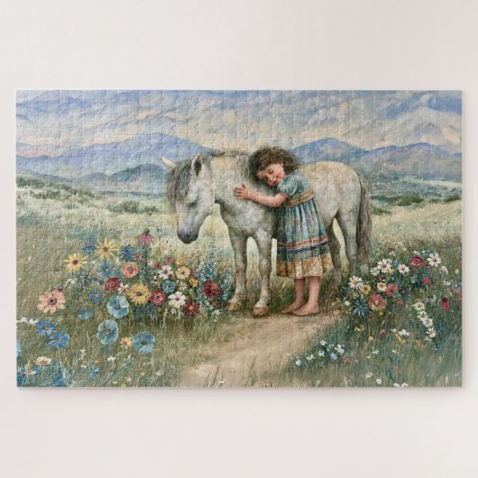 小さな女の子とポニー 野花の咲く山の牧場 ジグソーパズル (横)