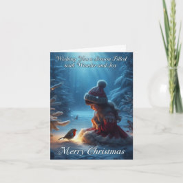 小さな女の子とロビンスノーシーンクリスマスカード シーズンカード