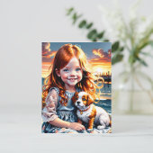 小さな女の子と一人のかわいい小さな丸っぽい子犬 シーズンポストカード (スタンド正面)