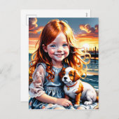 小さな女の子と一人のかわいい小さな丸っぽい子犬 シーズンポストカード (正面/裏面)