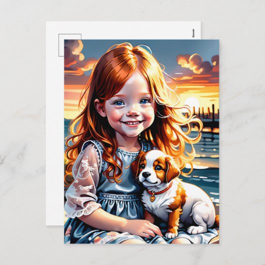 小さな女の子と一人のかわいい小さな丸っぽい子犬 シーズンポストカード (正面/裏面)