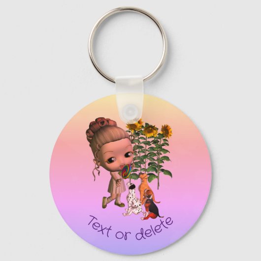 小さな女の子と子犬かわいパーソナライズされた キーホルダー (正面)