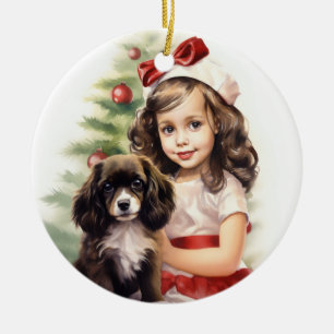 小さな女の子と子犬のクリスマス セラミックオーナメント