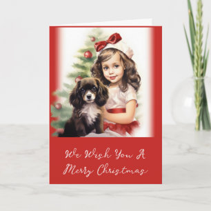 小さな女の子と子犬の写真クリスマスカード カード
